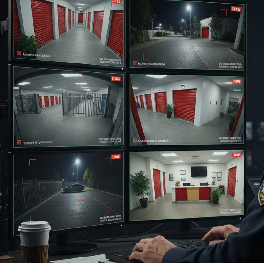 Security camera monitors monitoring a secure storage facility